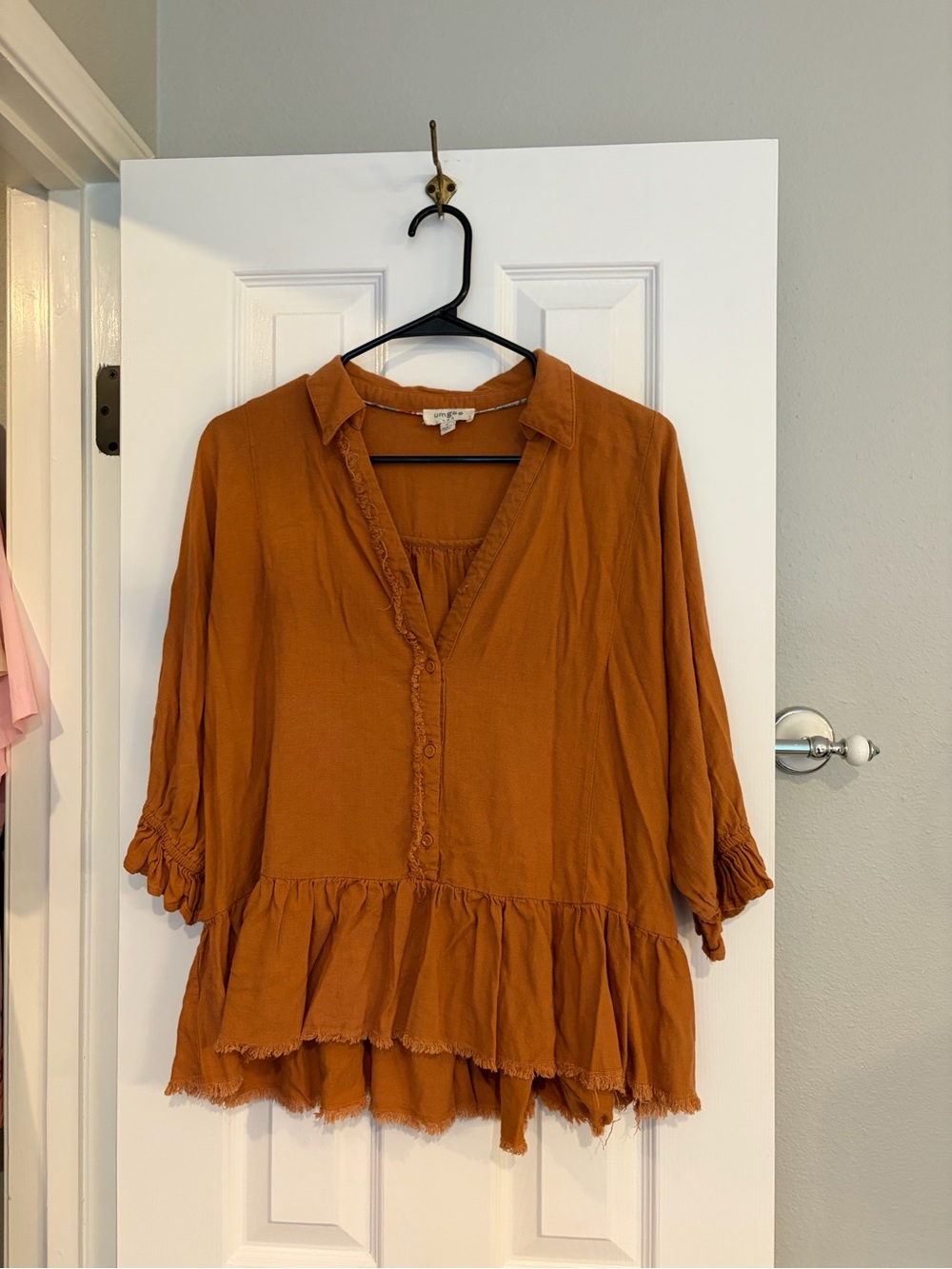 Umgee Rust Orange Peasant Ruffle Button-Front Top